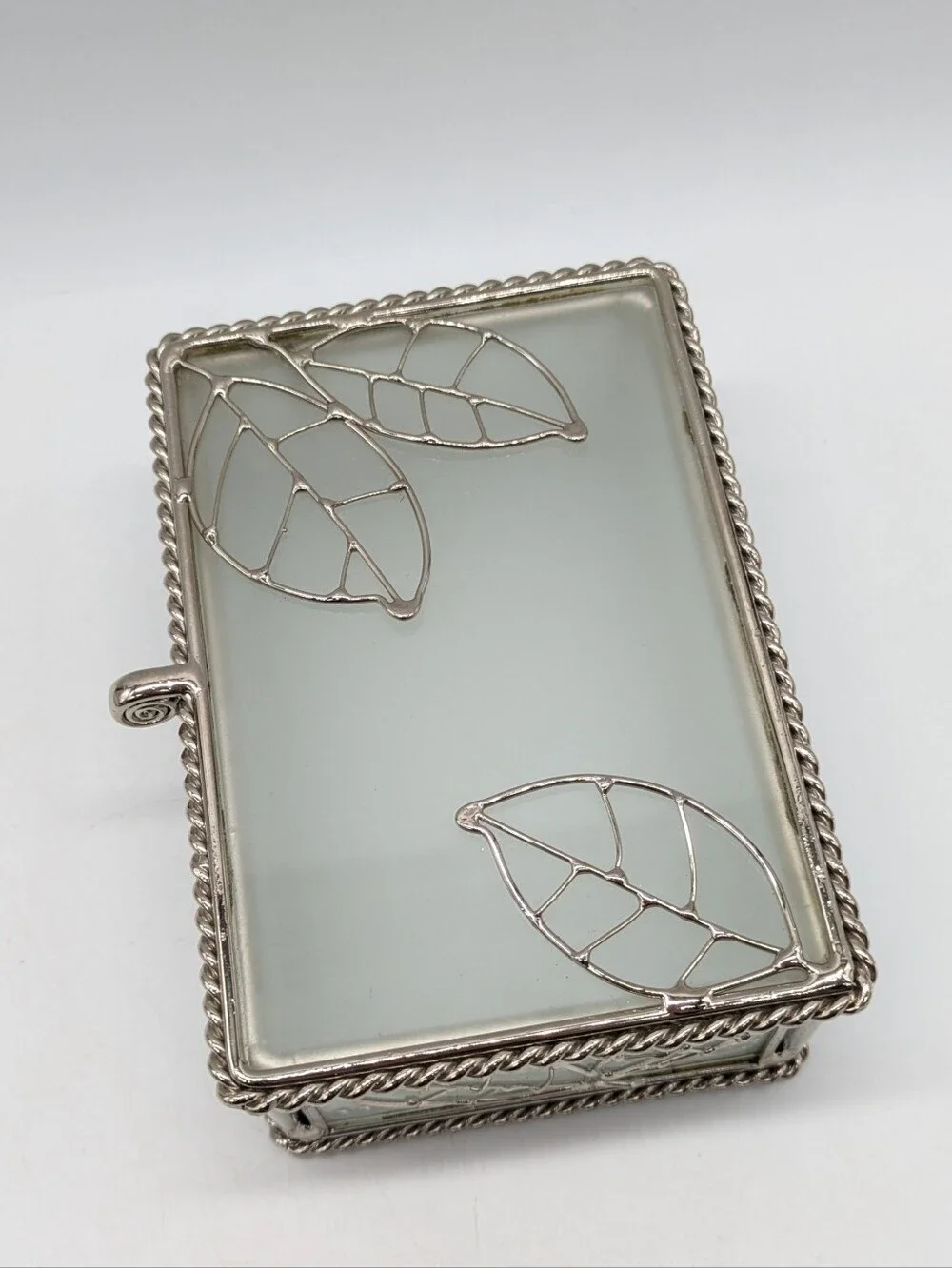 Frosted Glass Metal Leaf Design Rectangular Trinket Box